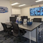 Office with security camera screen